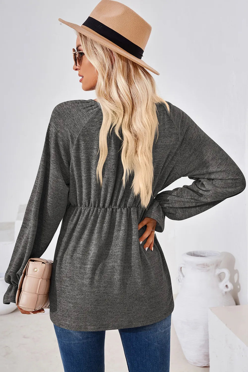 Ruched Round Neck Flounce Sleeve Blouse (24)