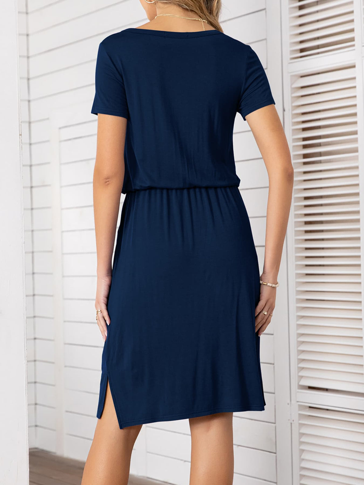 Round Neck Short Sleeve Slit Dress Pockets (15)
