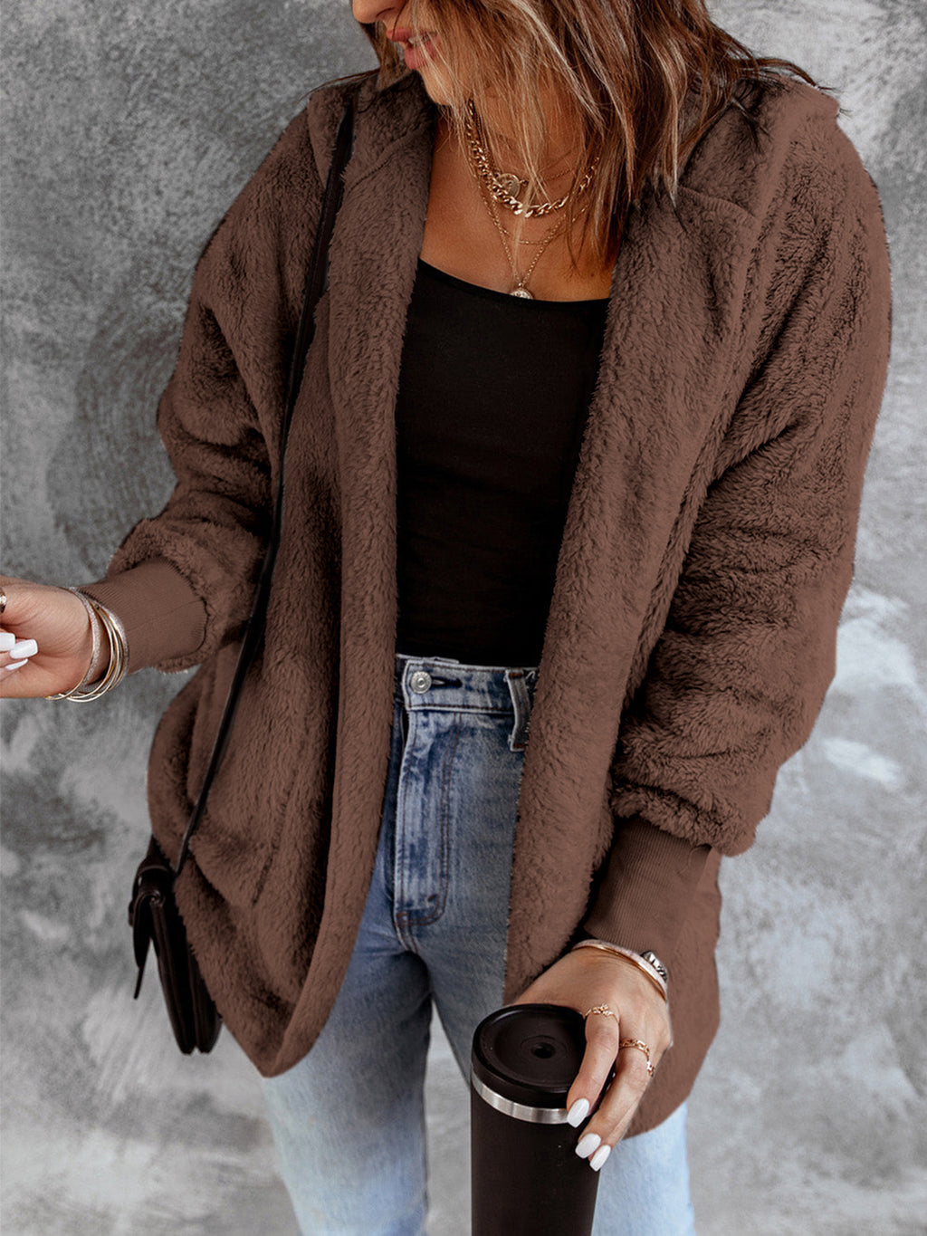Open Front Hooded Faux Fur Outwear Pockets (11)