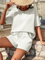 Waffle-knit Half Sleeve Top Shorts Set (10)