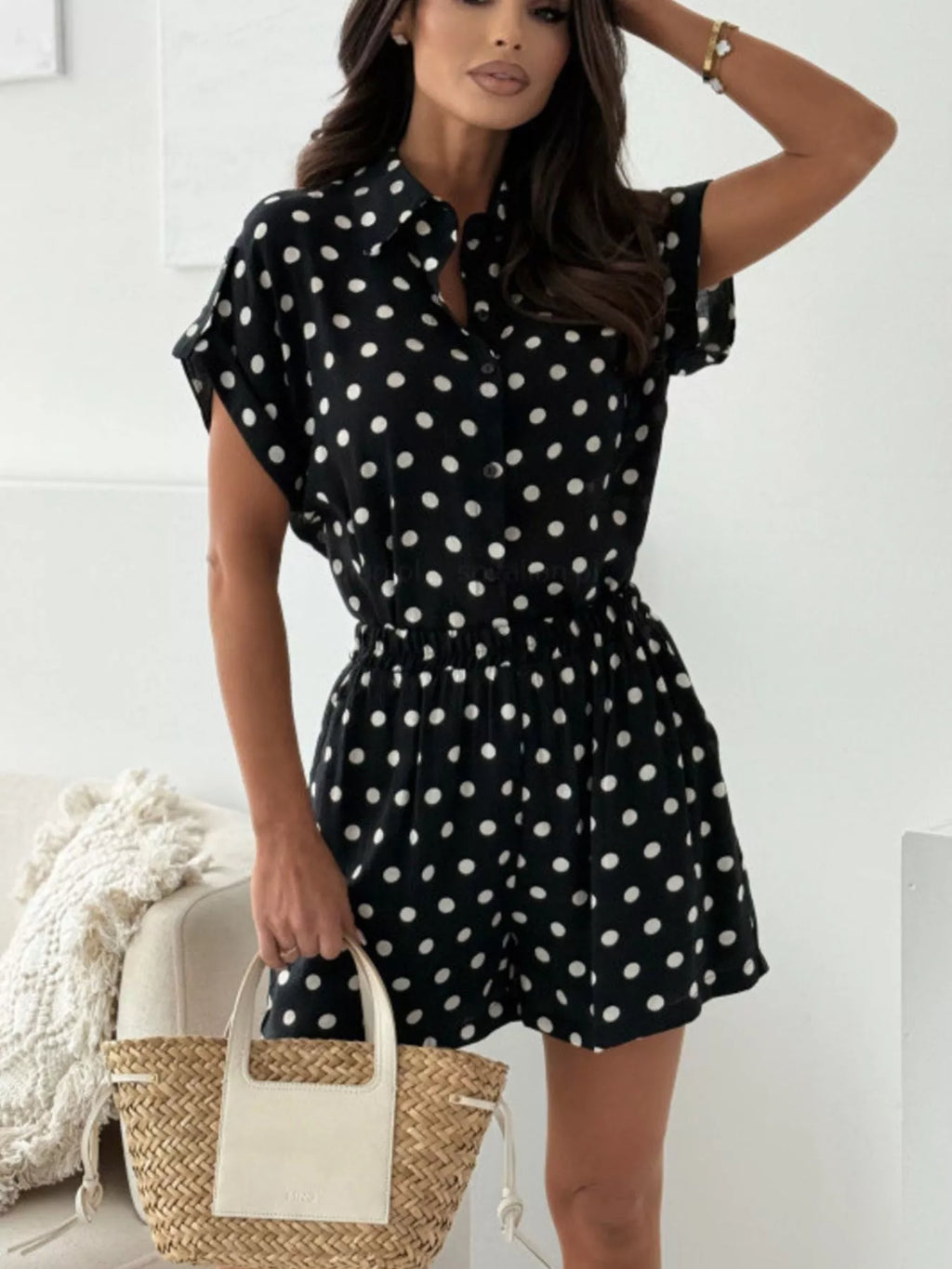 Polka Dot Button Up Shirt Shorts Set (7)