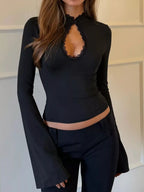 Lace-trimmed Keyhole Long Sleeve T-shirt (9)