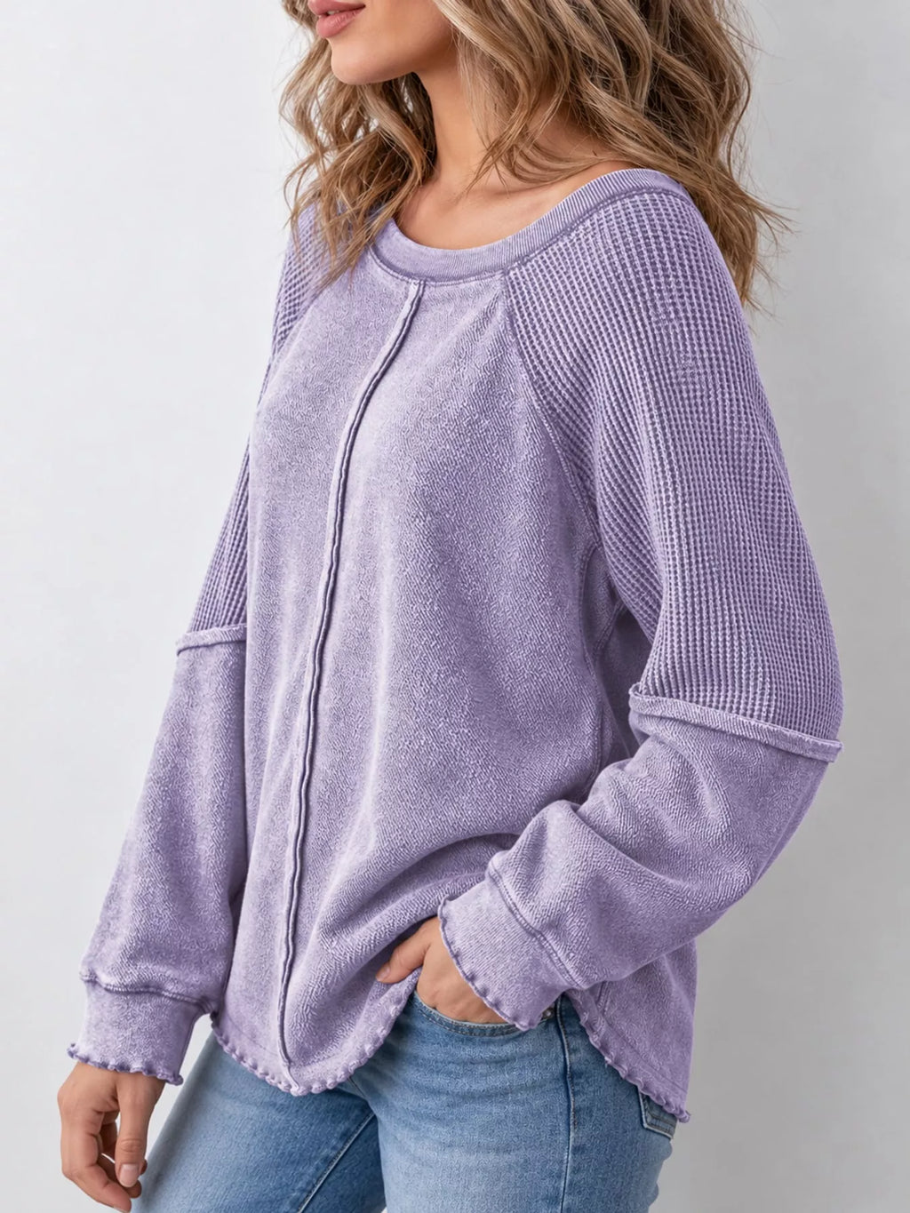 Waffle Knit Raglan Sleeve Sweatshirt (17)