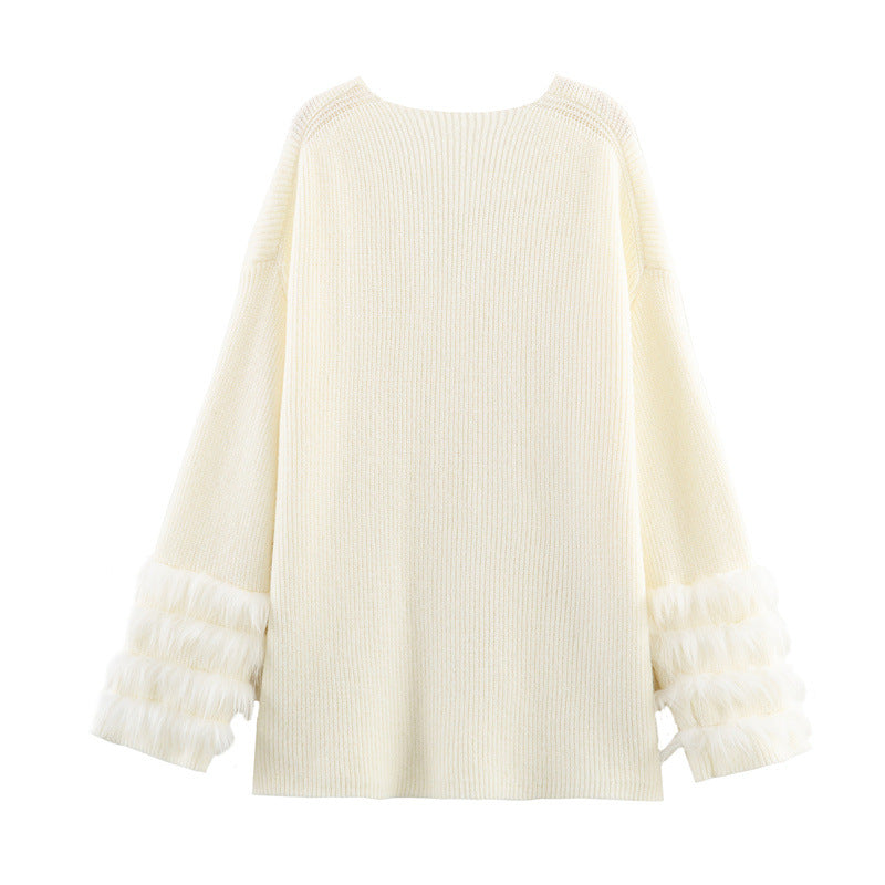 Casual V-neck Cuff Furry Knitted Dress photo 1