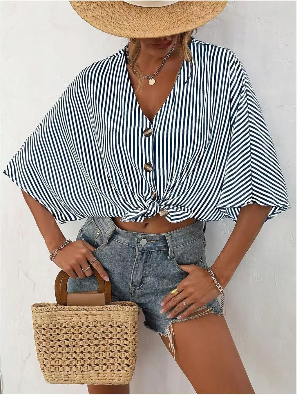 V-neck Striped Batwing Sleeve Casual Blouse (12)