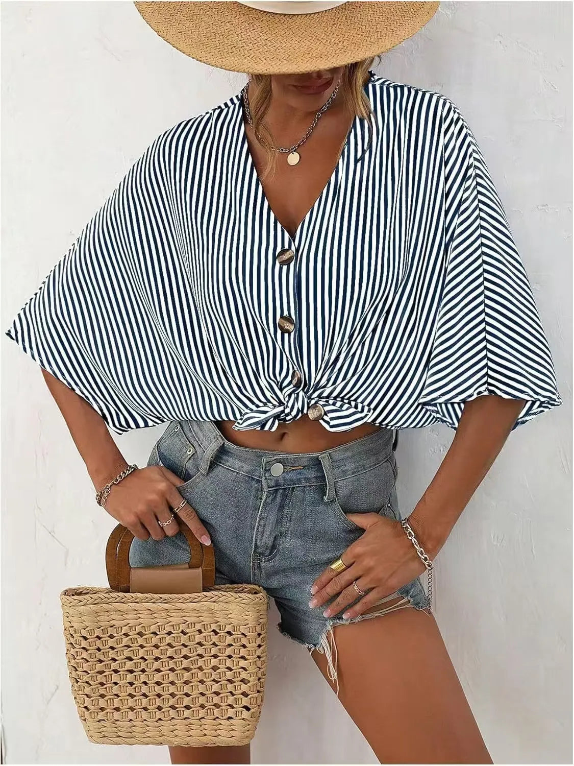 V-neck Striped Batwing Sleeve Casual Blouse (12)