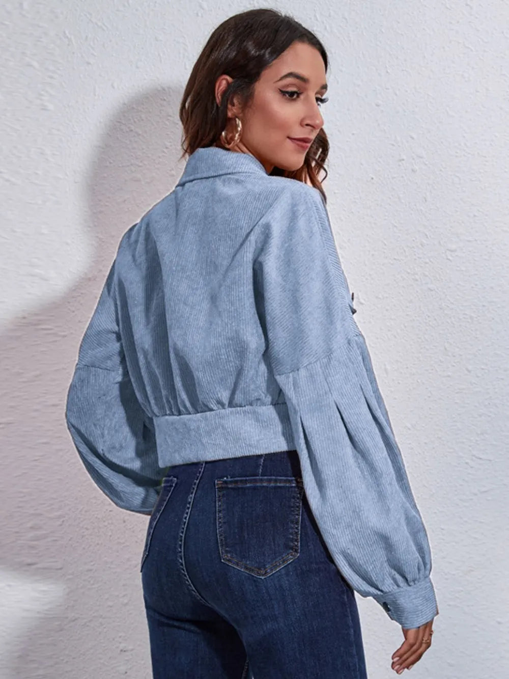 Button Down Collared Neck Cropped Jacket (2)