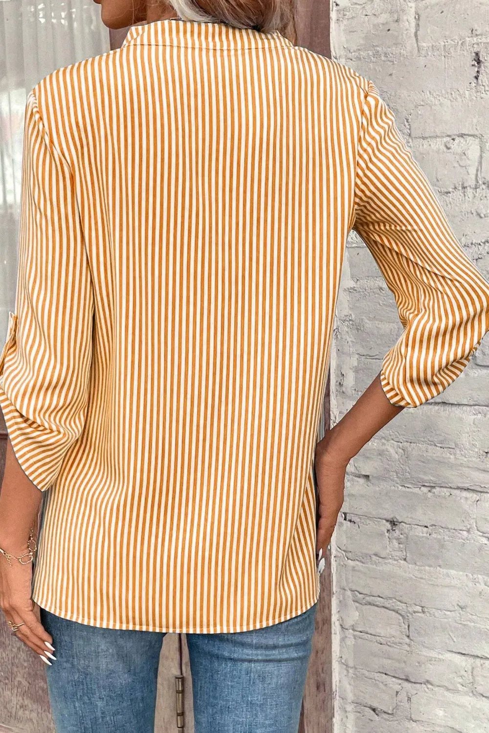 Striped Notched Roll-tab Sleeve Shirt (8)