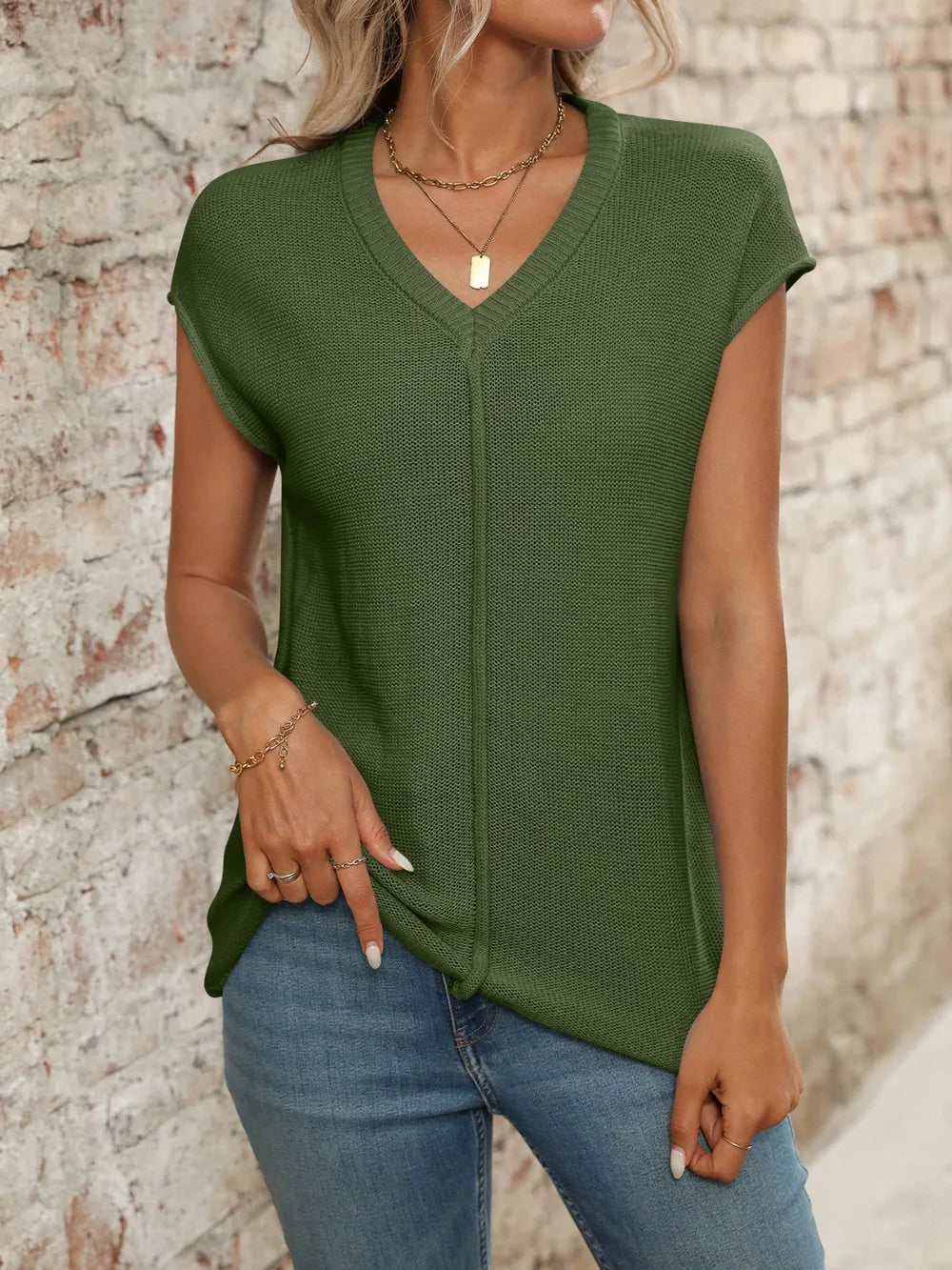 V-neck Short Sleeve Knit Top (30)