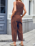 Plaid Round Neck Sleeveless Top Pants Set (3)