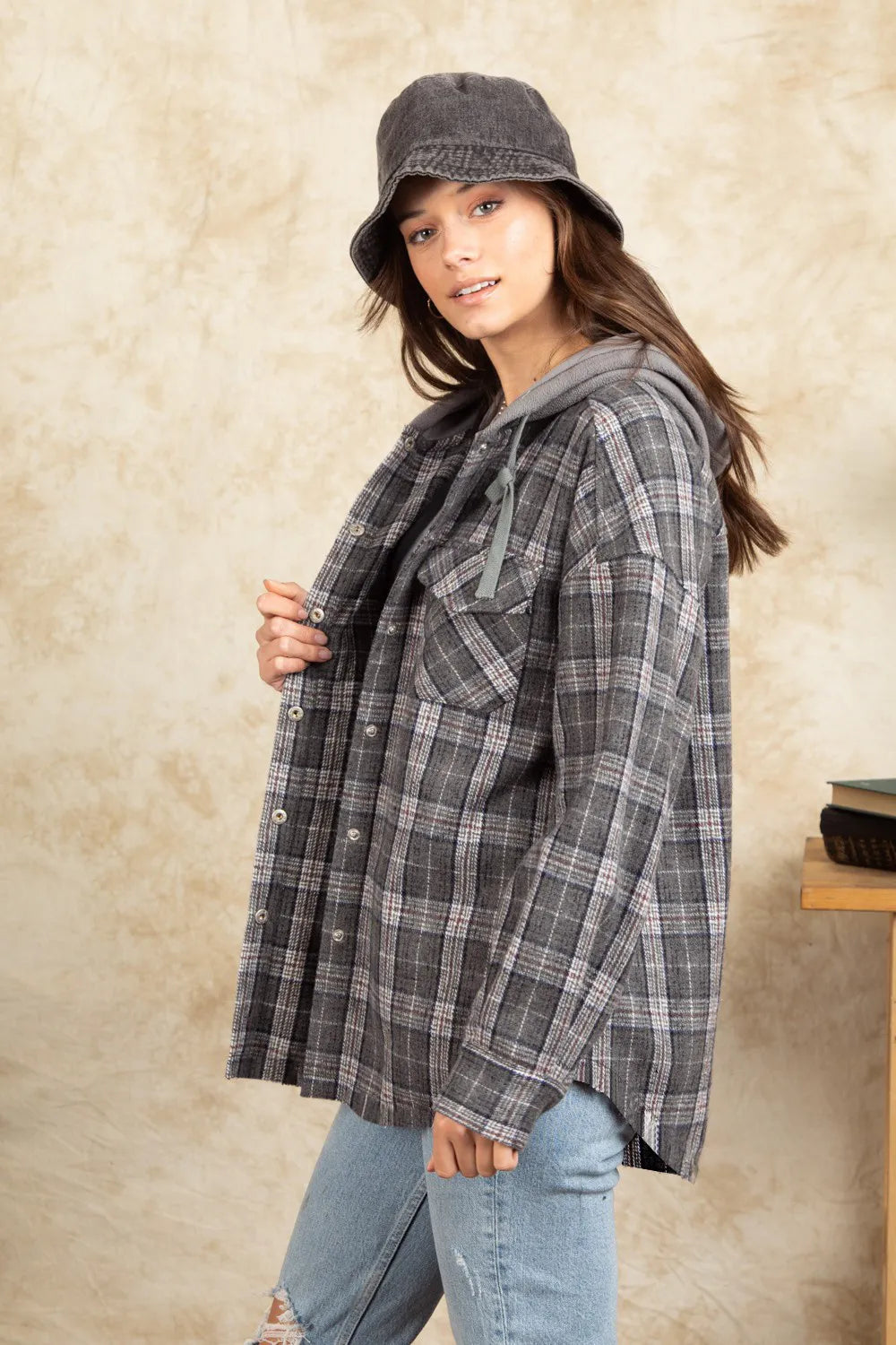 Drawstring Plaid Long Sleeve Hooded Jacket (5)