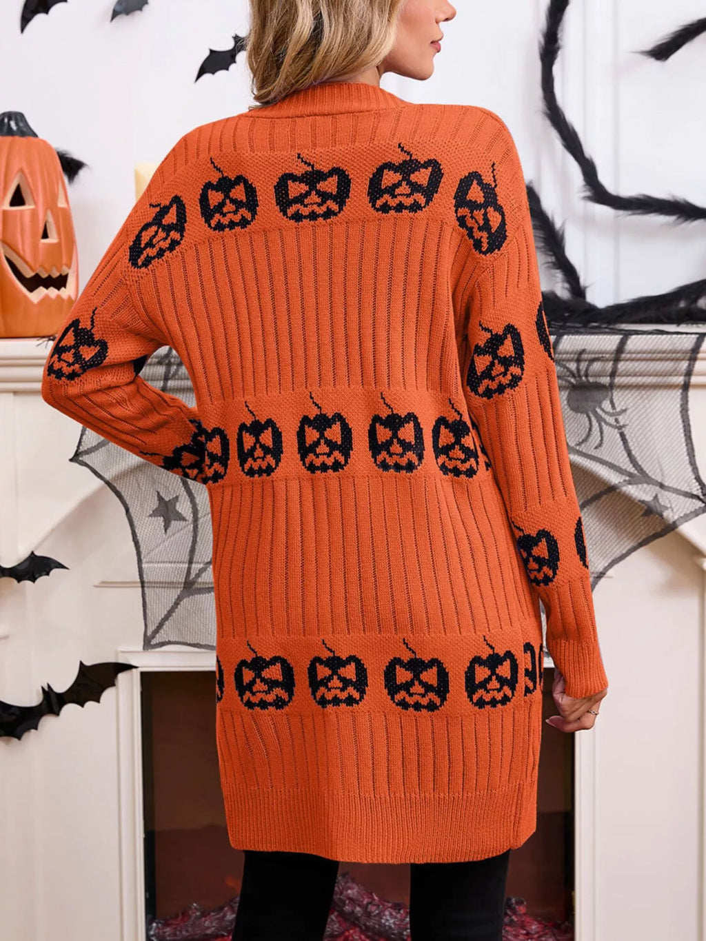 Halloween Pumpkin Open Front Knit Cardigan (8)