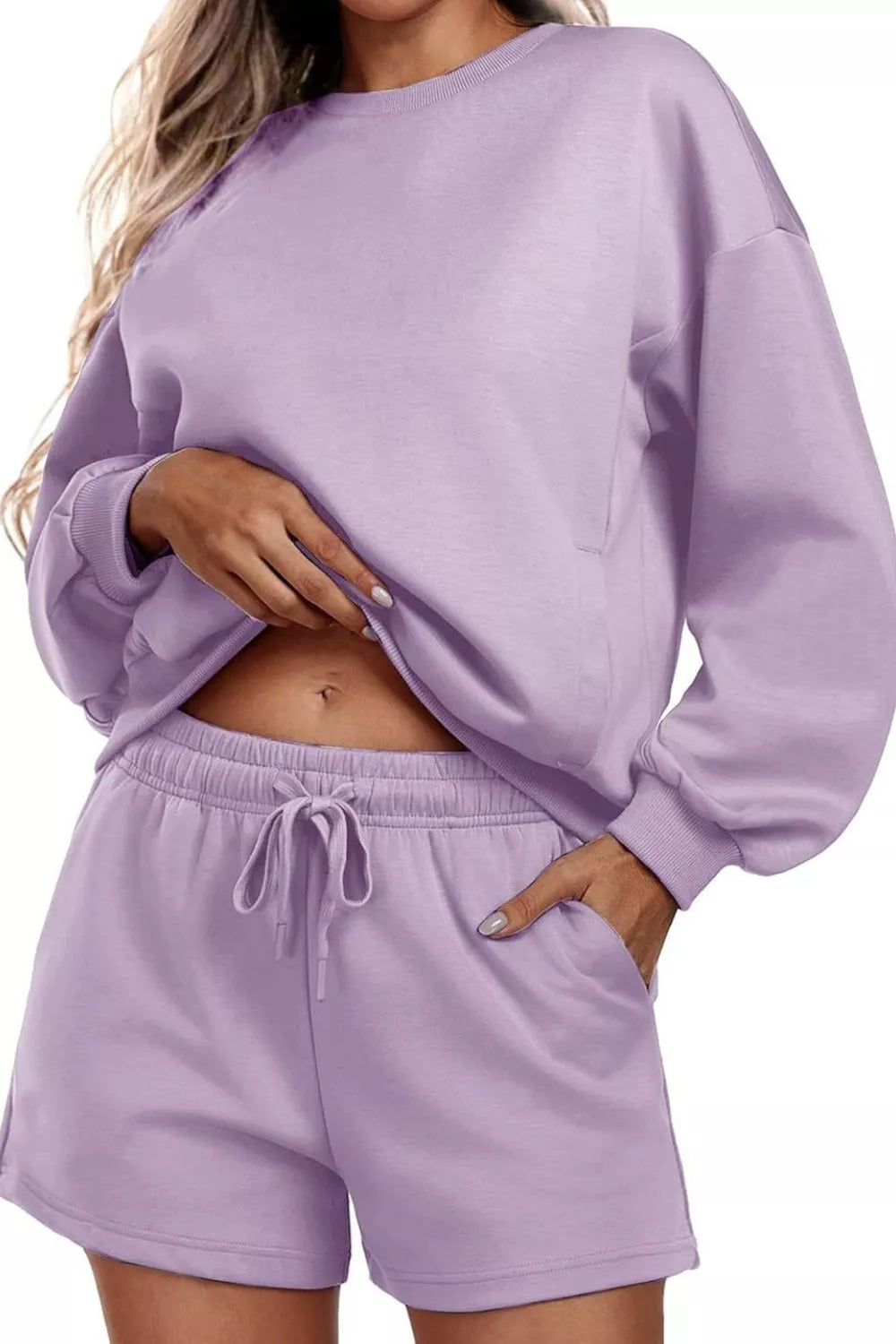 Round Neck Sweatshirt Shorts Set (19)