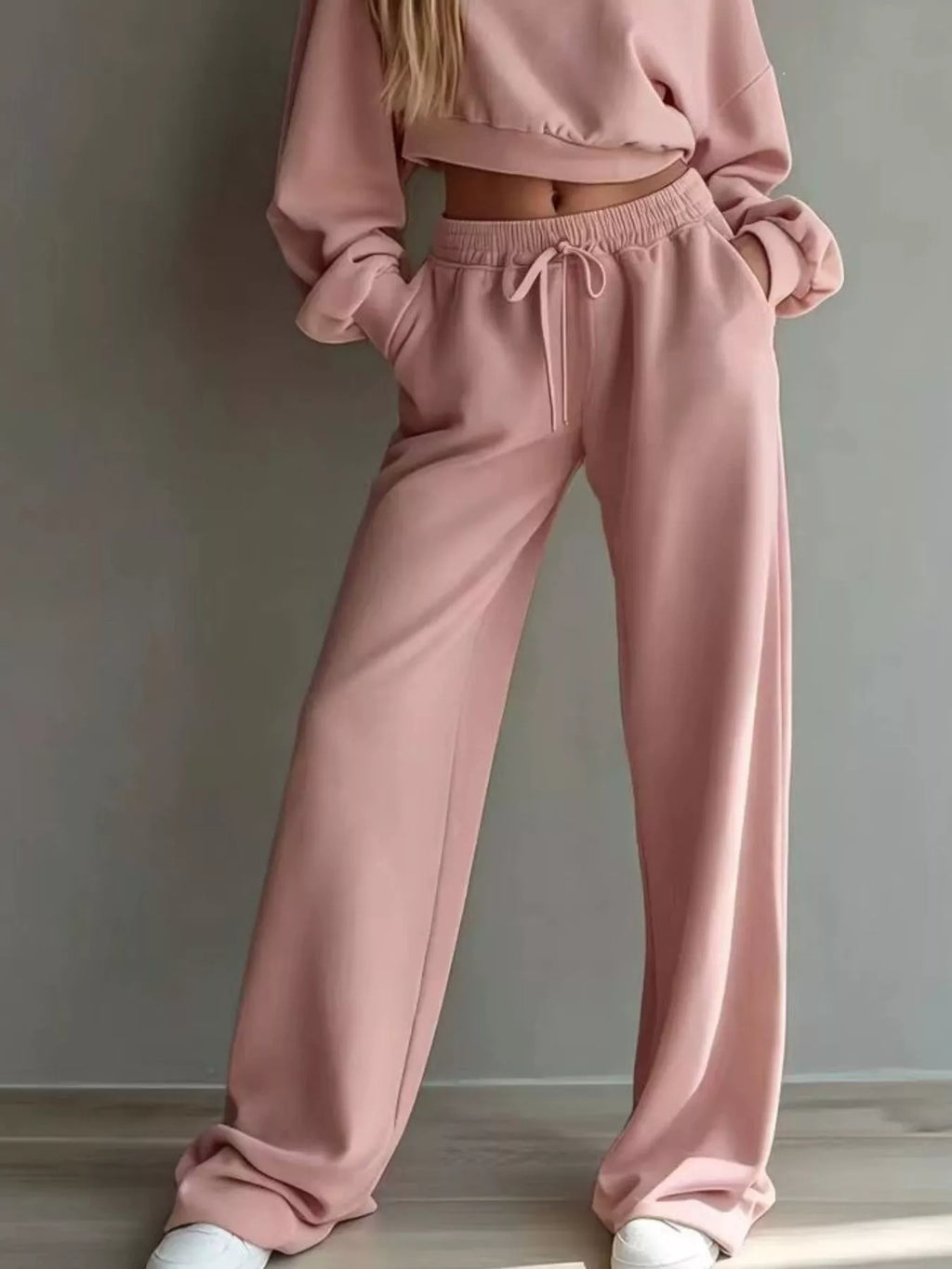 Round Neck Cropped Sweatshirt Wide-leg Pants Set (10)