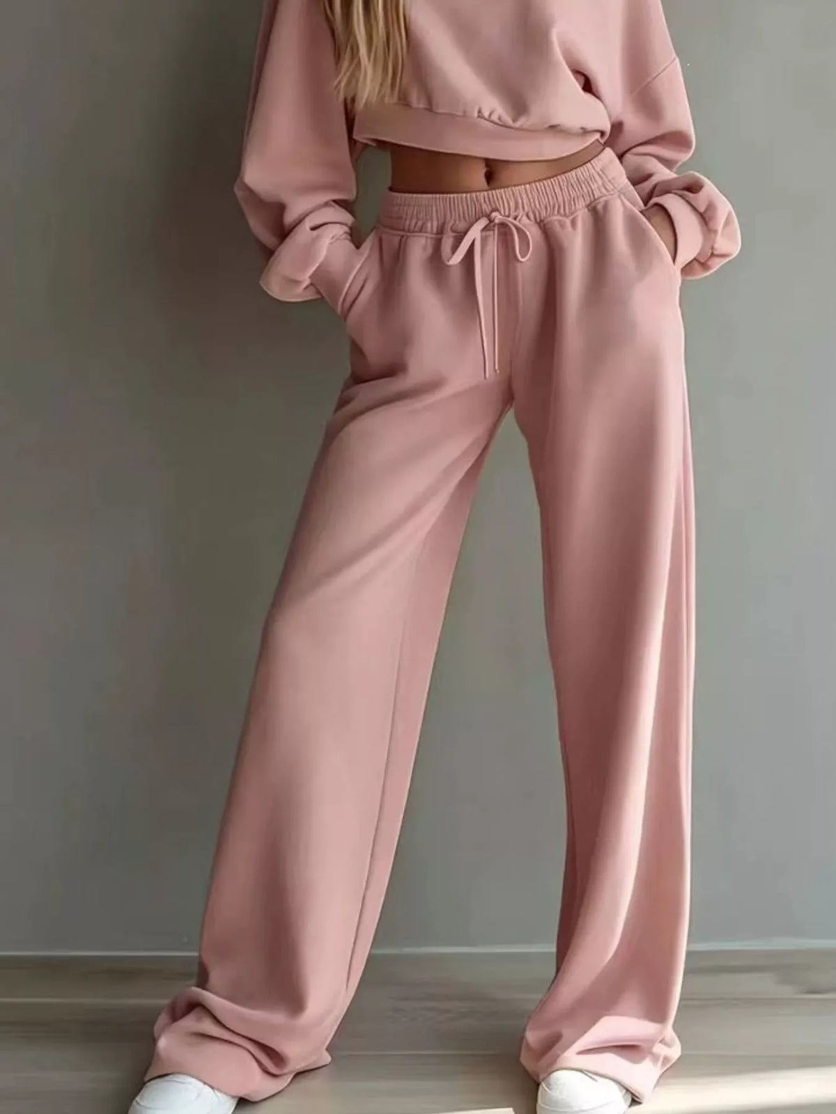 Round Neck Cropped Sweatshirt Wide-leg Pants Set (10)