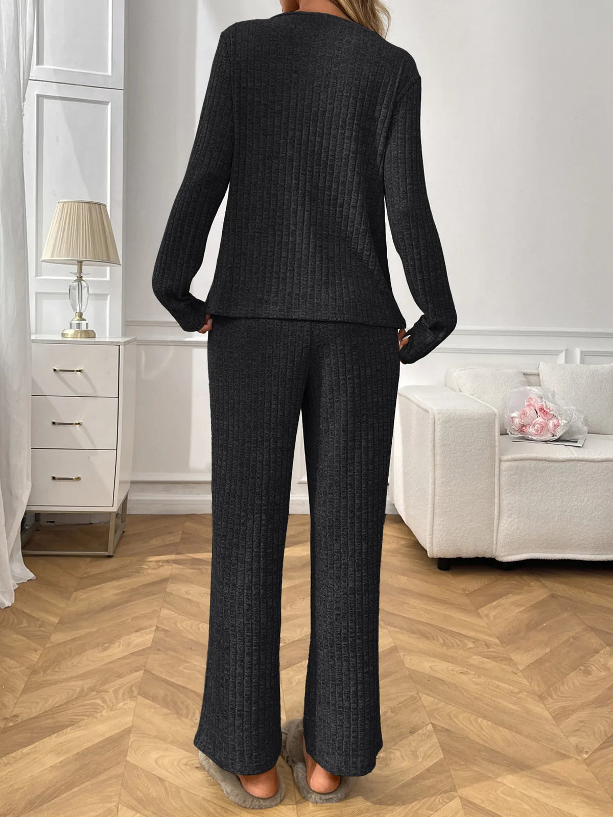 Ribbed Long Sleeve Top Pants Lounge Set (15)