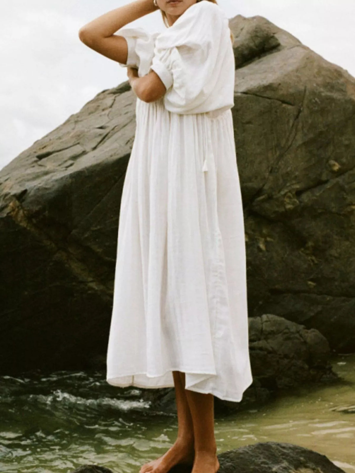 Tie Neck 3/4 Sleeve Midi Dress (6)