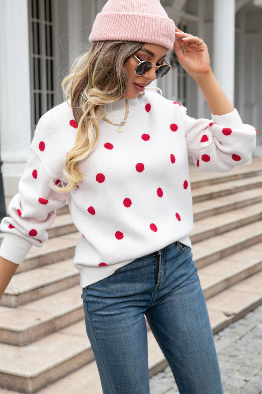 Woven Right Polka Dot Round Neck Dropped Shoulder Sweater (10)