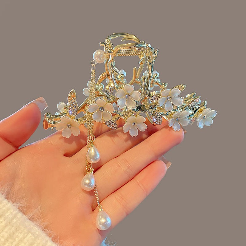 Large Metal Pearl Bell Orchid Tassel Hair Clip (5)