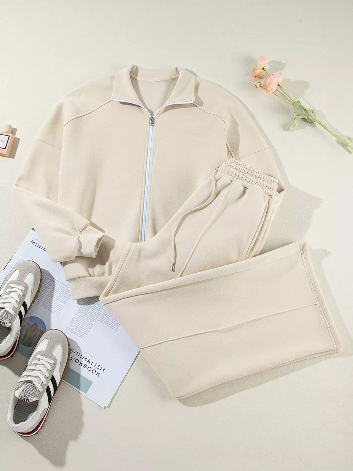 Drop Shoulder Zip Up Jacket Drawstring Pants Active 2pcs Set (6)