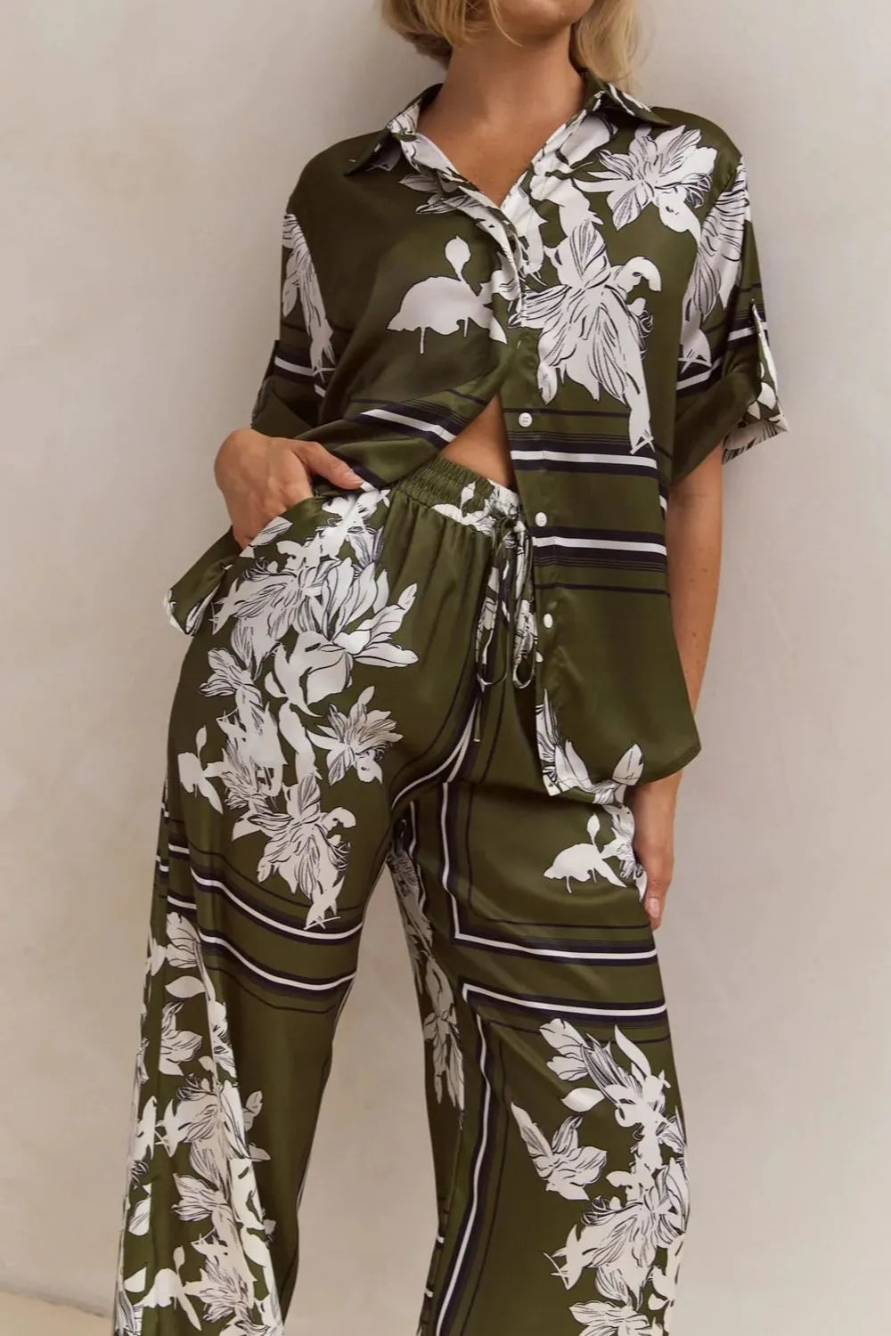Printed Button Up Shirt Pants Set (15)
