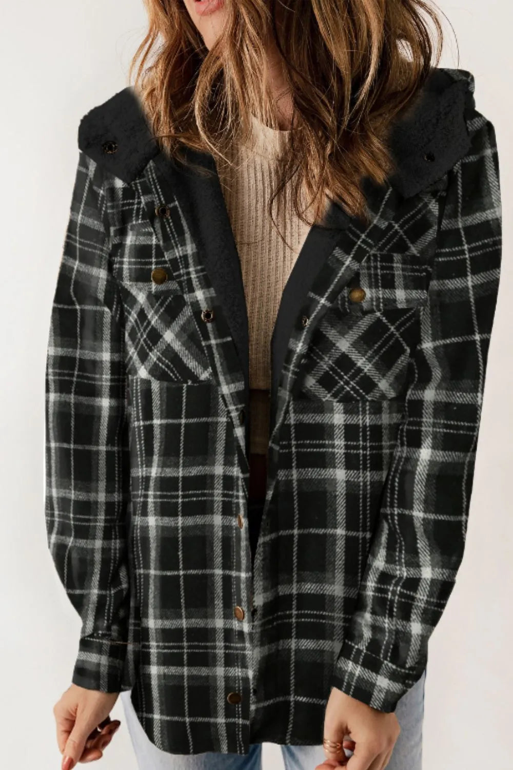 Plaid Button Up Long Sleeve Hooded Jacket (14)