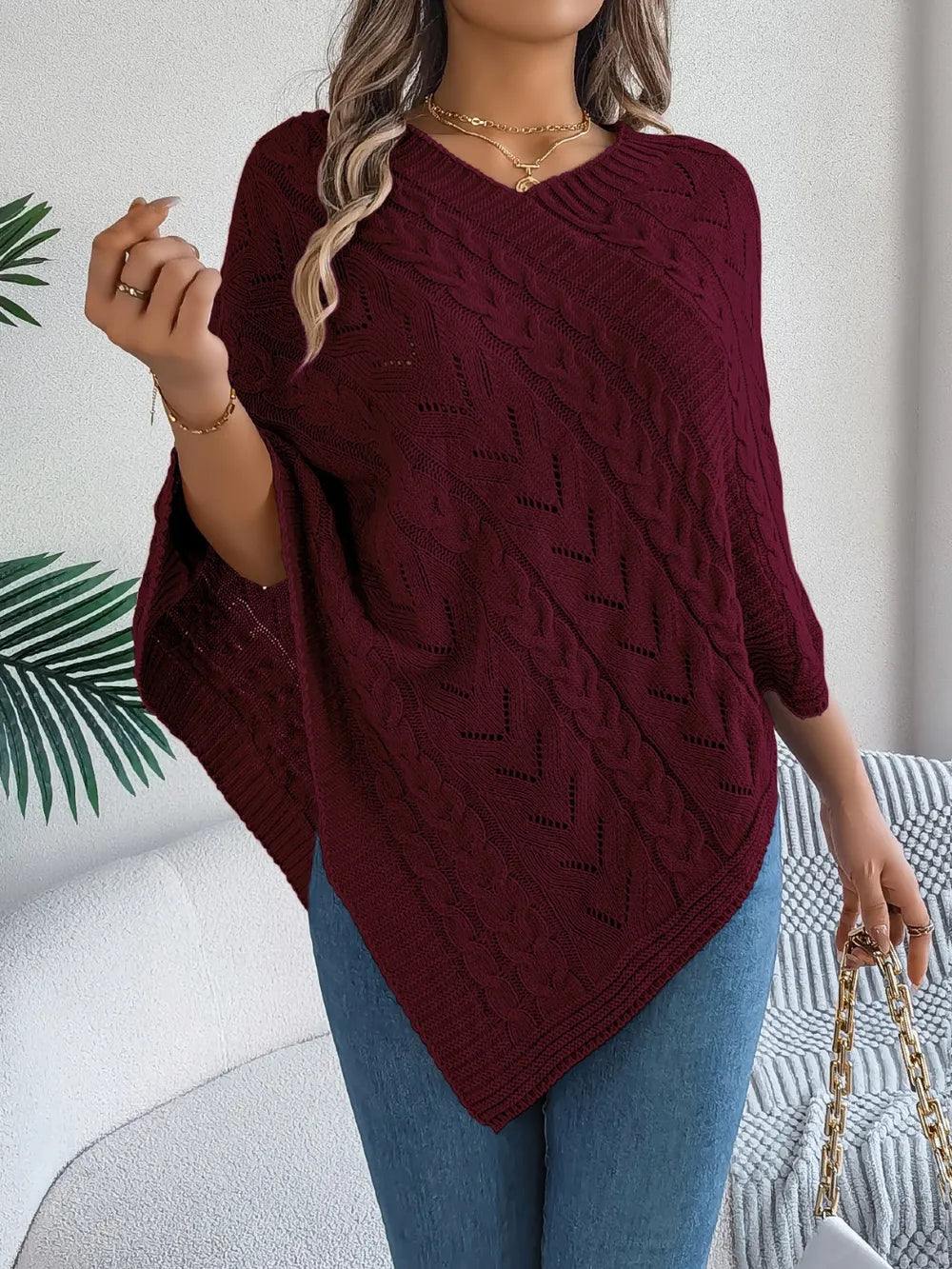 Cable-knit Openwork Three-quarter Sleeve Sweater (17)