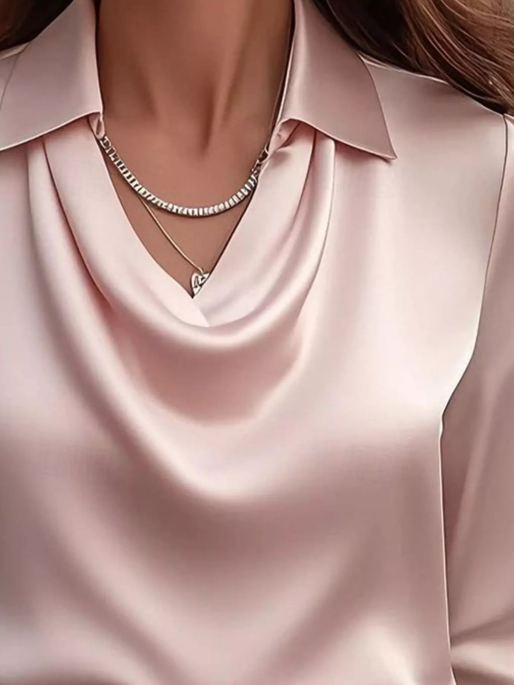 Ruched Long Sleeve Drape Collar Blouse (15)