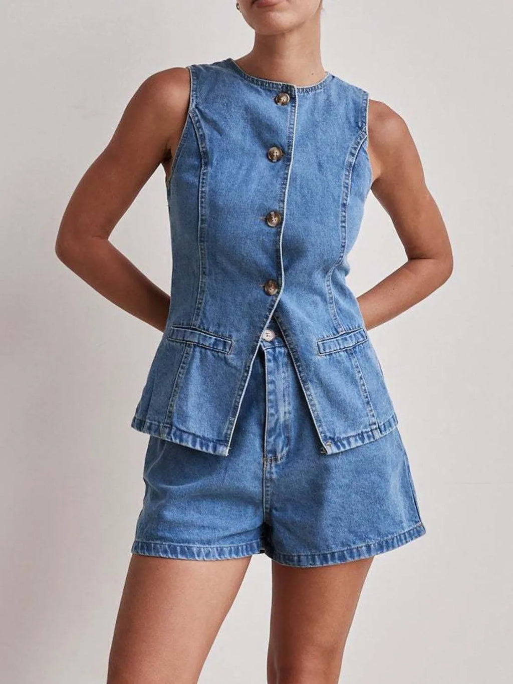 Button Down Vest Shorts Denim Set (10)