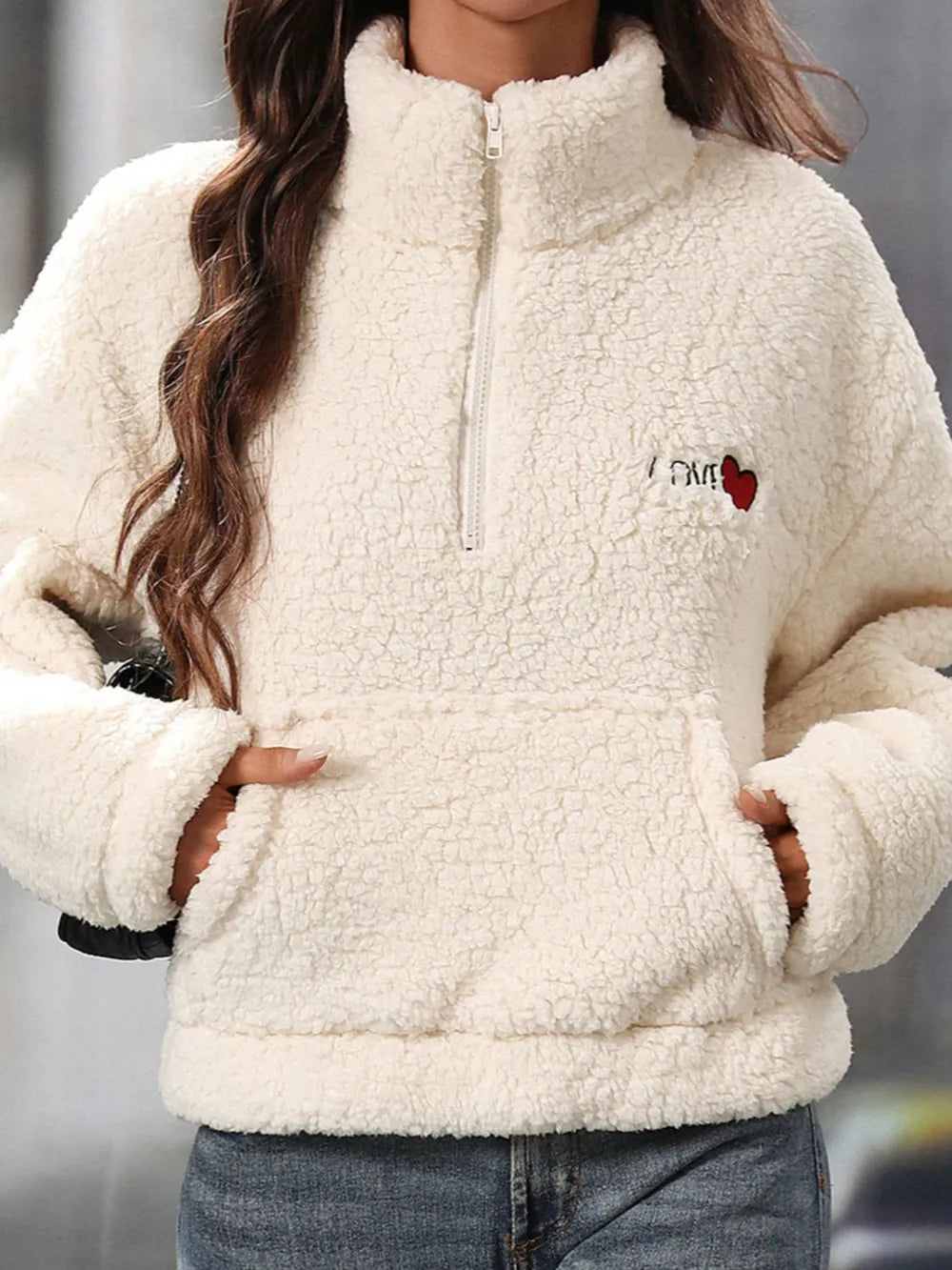 Heart Half Zip Long Sleeve Teddy Sweatshirt (2)