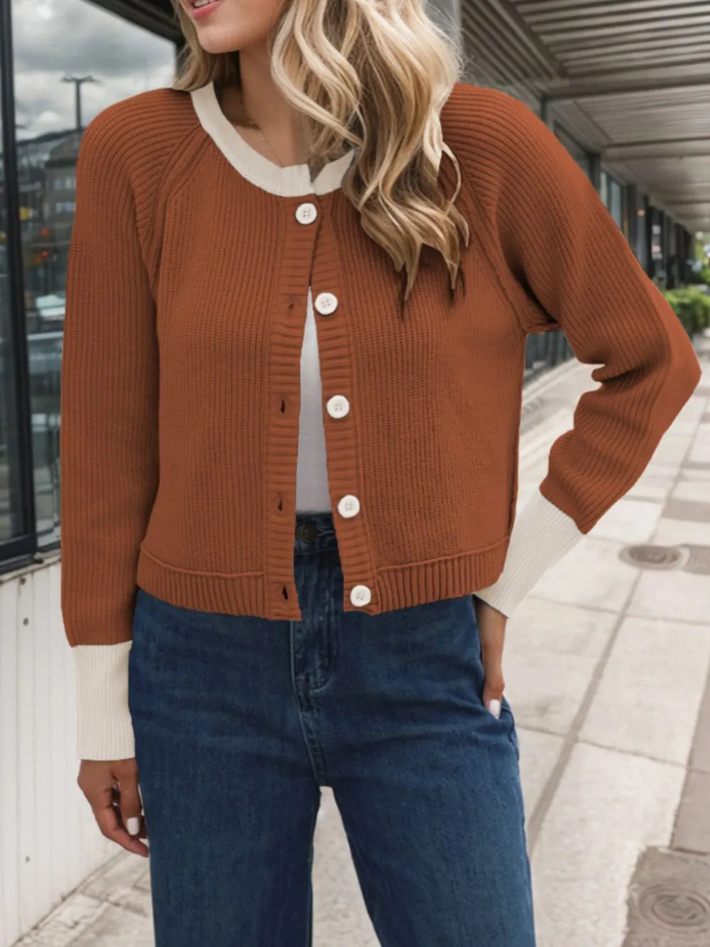 Contrast Button Up Long Sleeve Cardigan (8)
