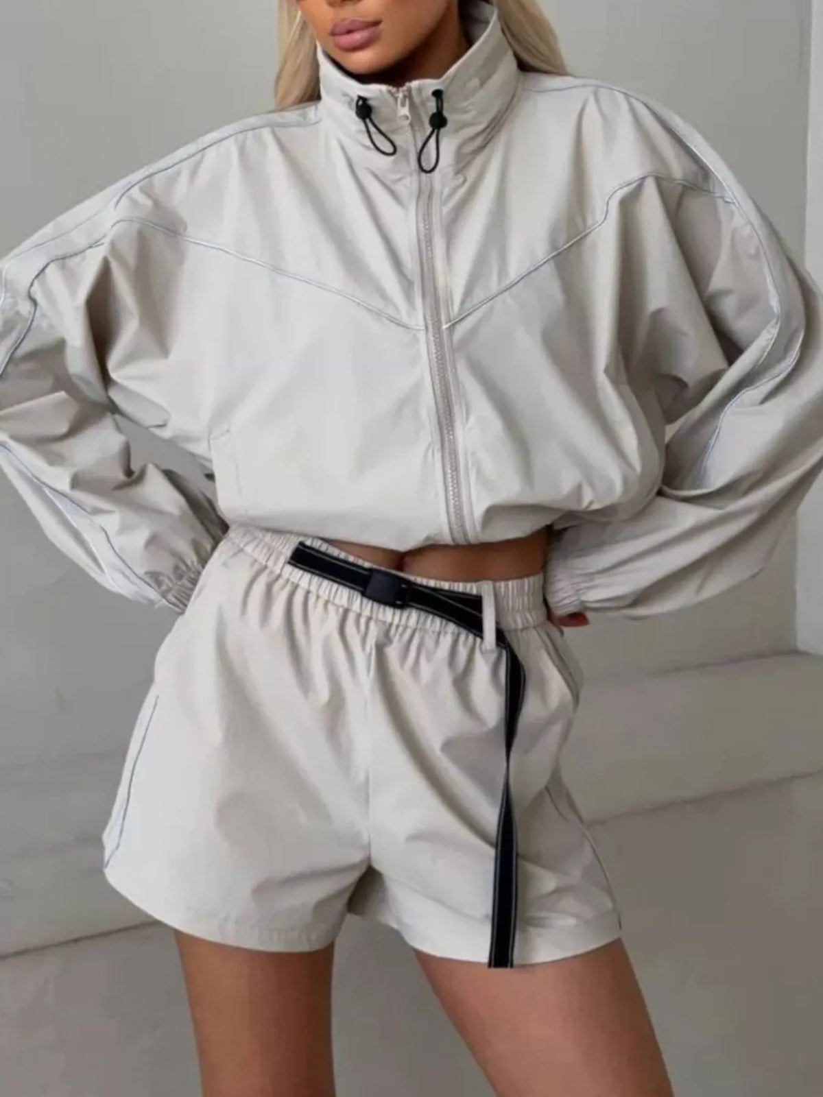 Drawstring Zip-up Jacket Shorts Set (21)