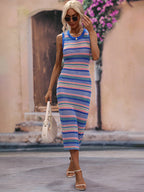 Striped Round Neck Sleeveless Midi Cover Up Dress (10)