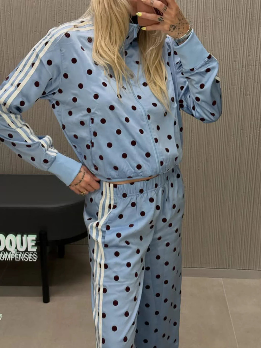 Polka Dot Side Striped Outerwear Pants Set (9)