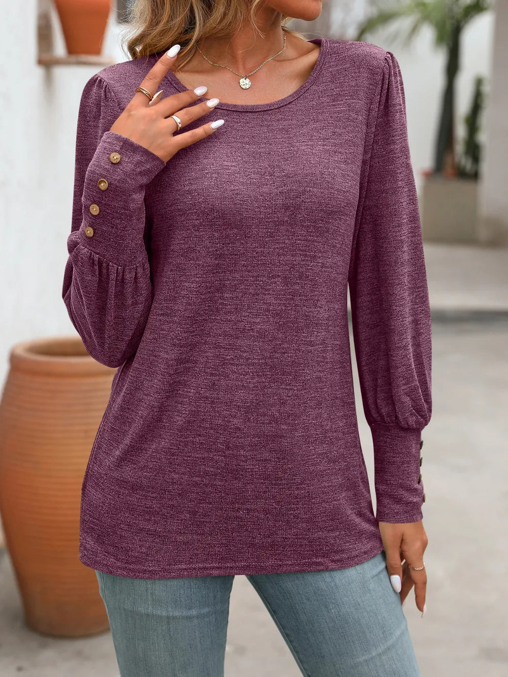 Decorative Button Round Neck Long Sleeve T-shirt (24)