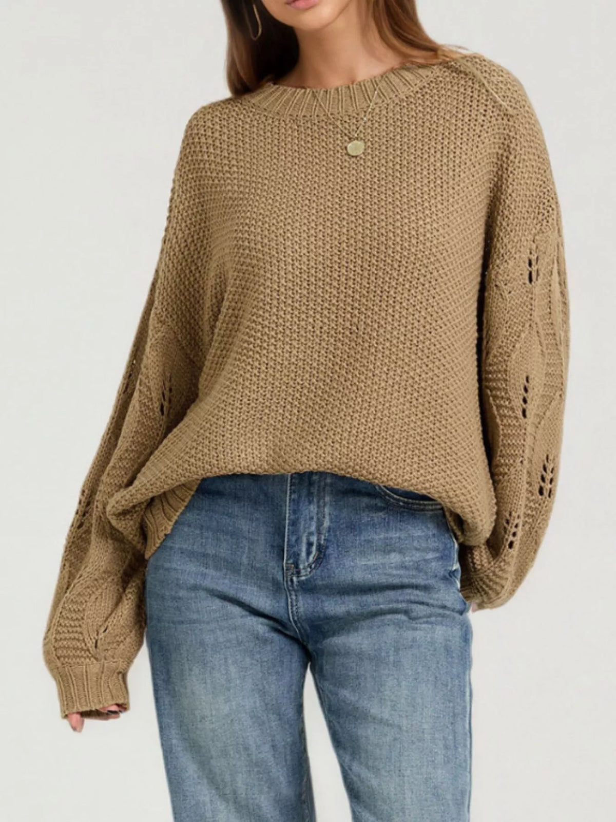 Textured Knit Openwork Dropped Shoulder Sweater (3)