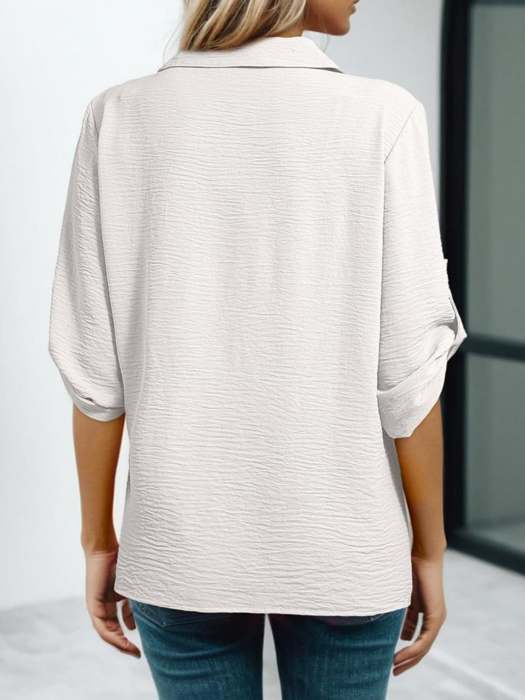 Johnny Collar Roll-up Sleeve Blouse (2)