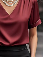 V-neck Short Sleeve Satin Blouse (12)