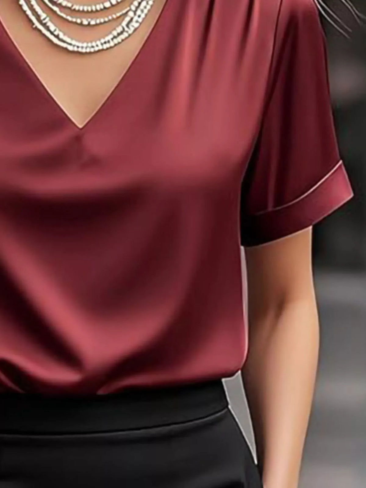V-neck Short Sleeve Satin Blouse (12)