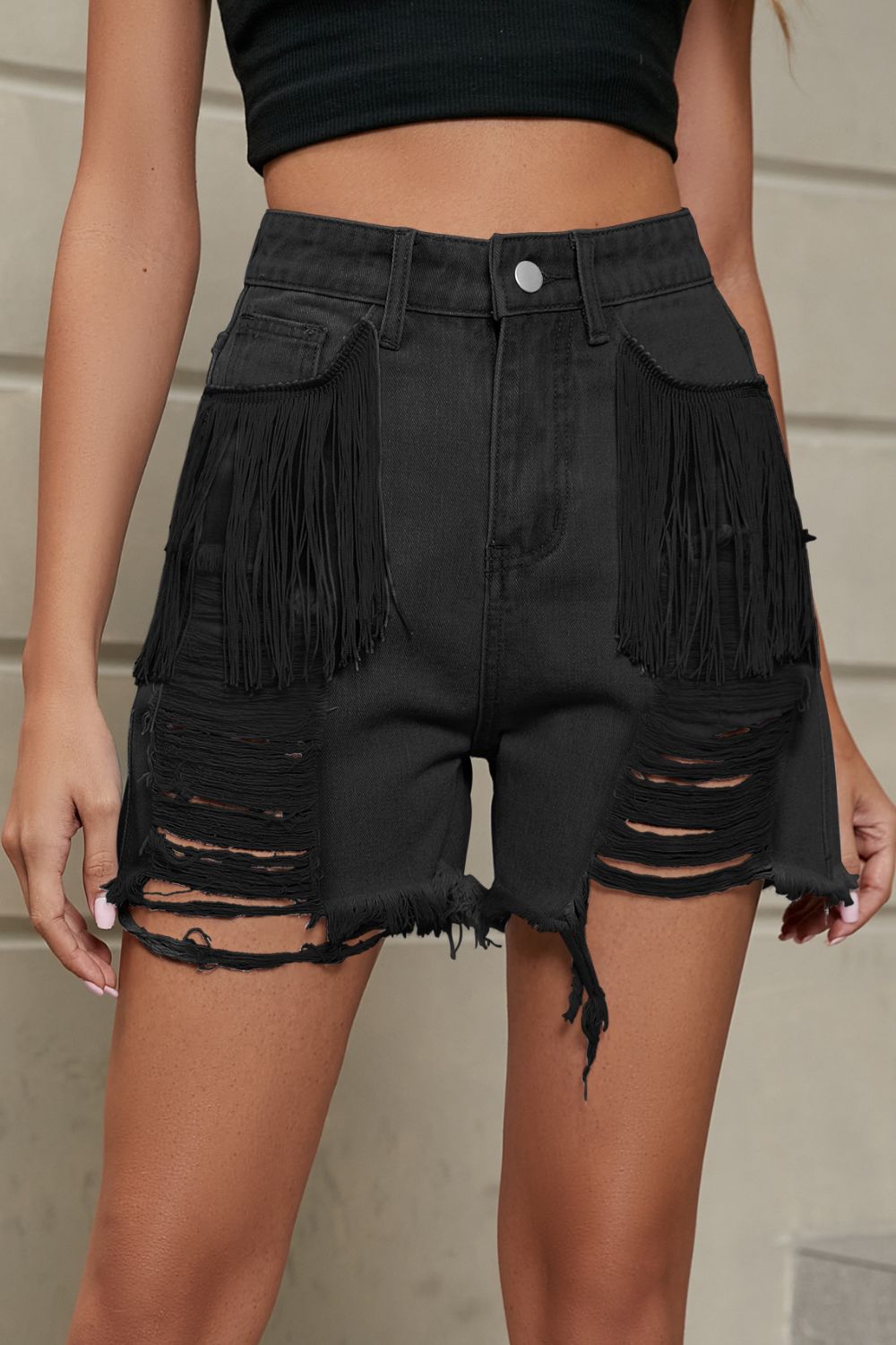 Fringe Trim Distressed Denim Shorts Pockets (8)