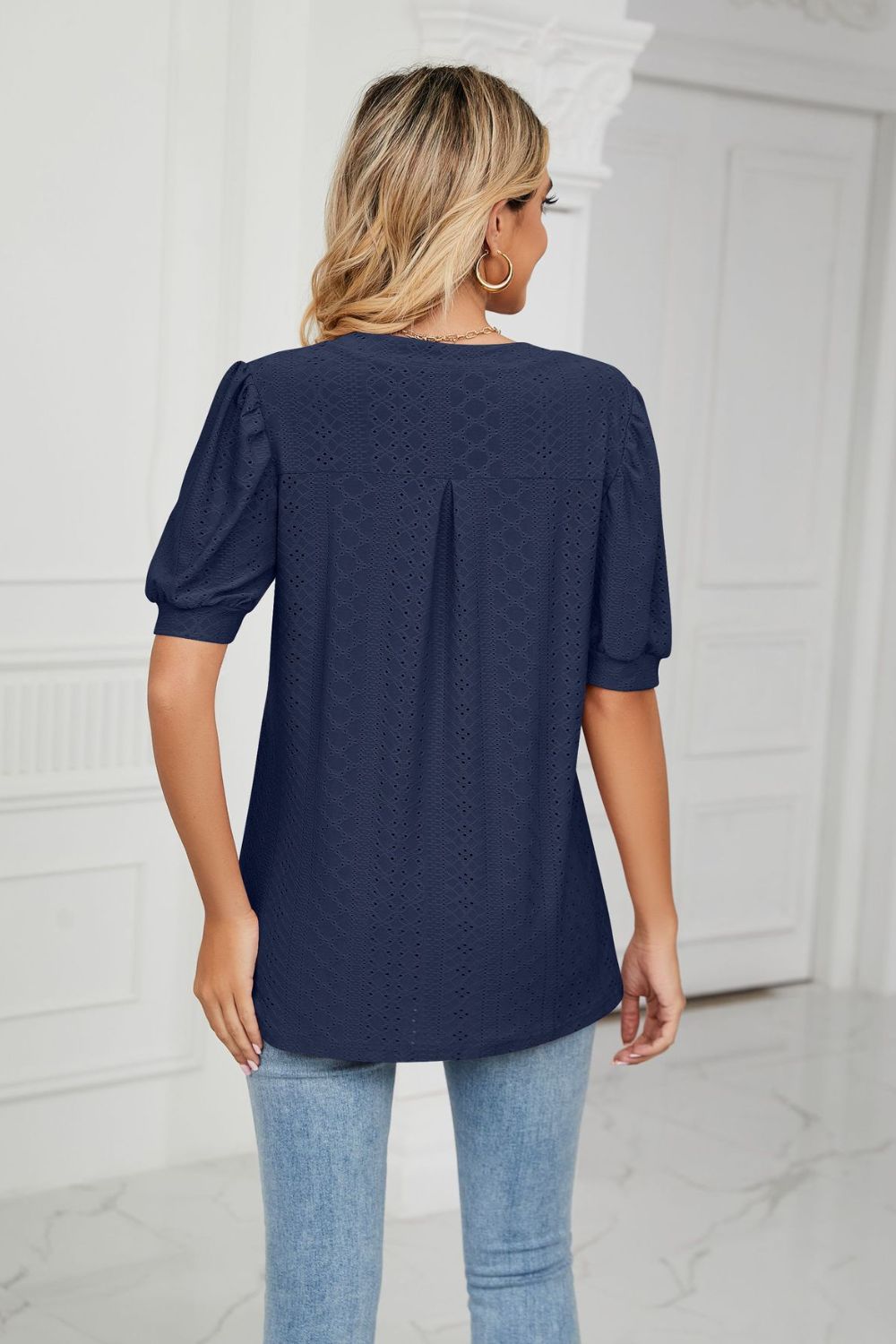 Eyelet Short Puff Sleeve Notched Neck Top (34)