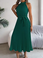 Grecian Neck Tie Waist Pleated Dress (12)