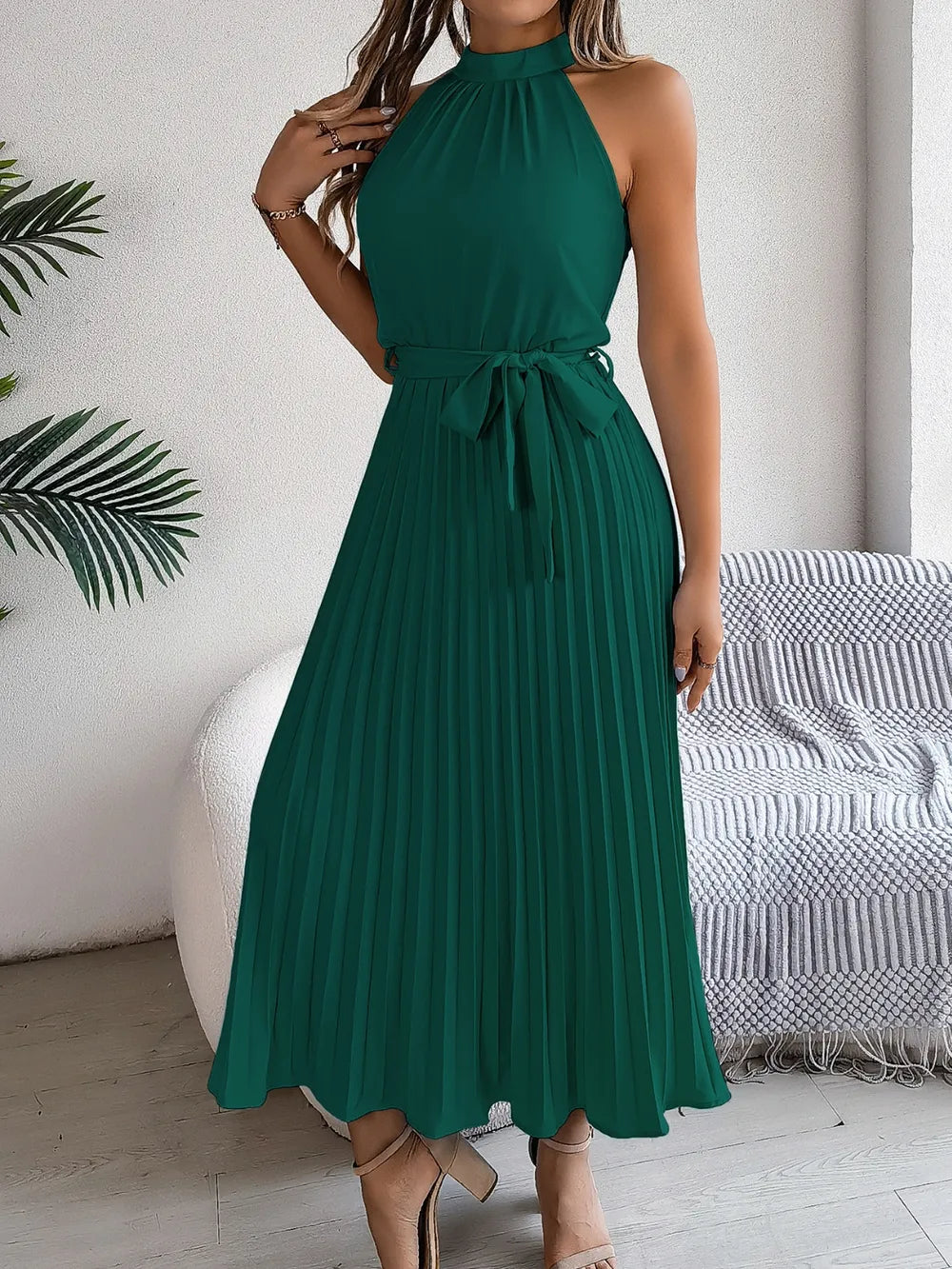Grecian Neck Tie Waist Pleated Dress (12)