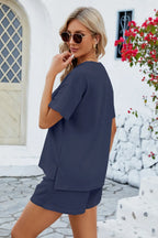 Notched Button Detail Dropped Shoulder Top Shorts Set (15)