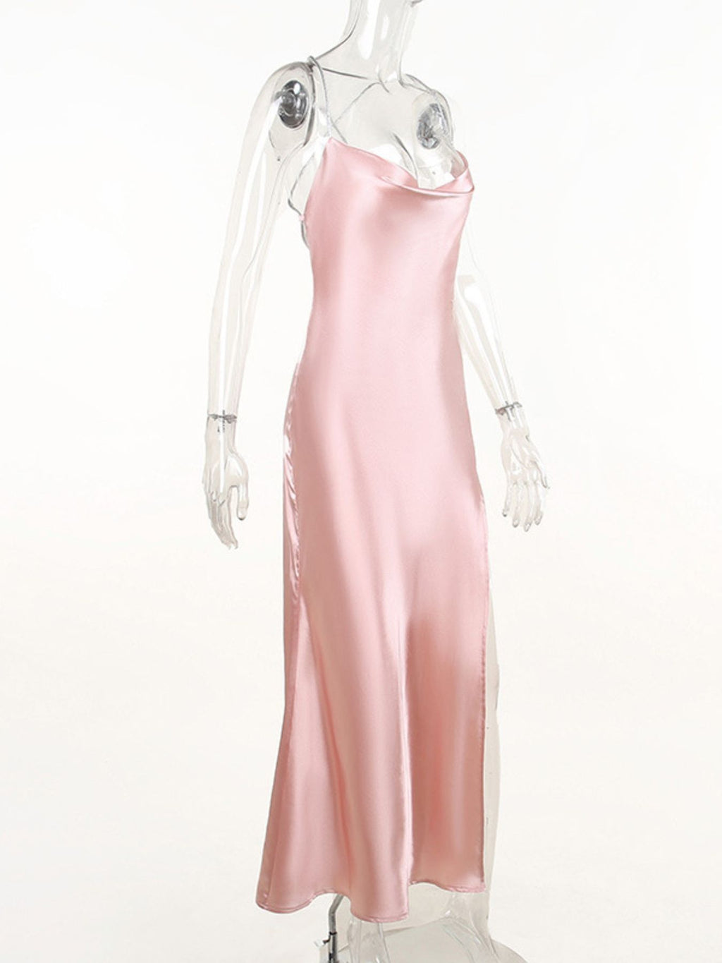 Slinky Satin Cowl Neck High Slit Dress Back Lace Up (11)