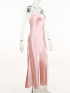 Slinky Satin Cowl Neck High Slit Dress Back Lace Up (11)
