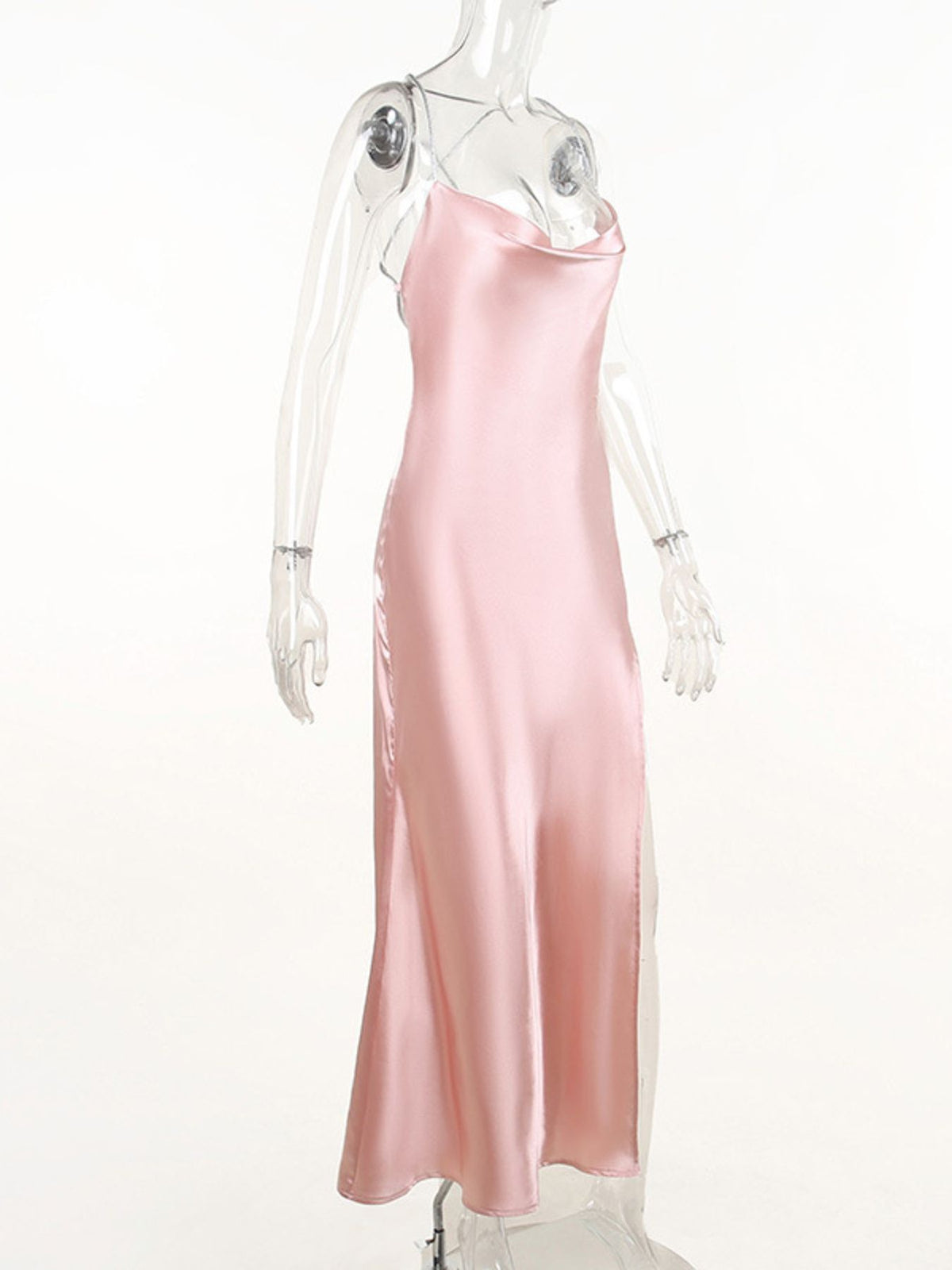 Slinky Satin Cowl Neck High Slit Dress Back Lace Up (11)
