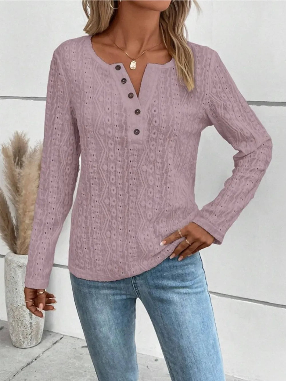 Openwork Half Button Long Sleeve Blouse (14)
