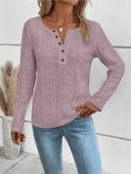 Openwork Half Button Long Sleeve Blouse (14)