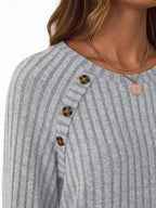 Ribbed Knit Decor Button Long Sleeve T-shirt (16)